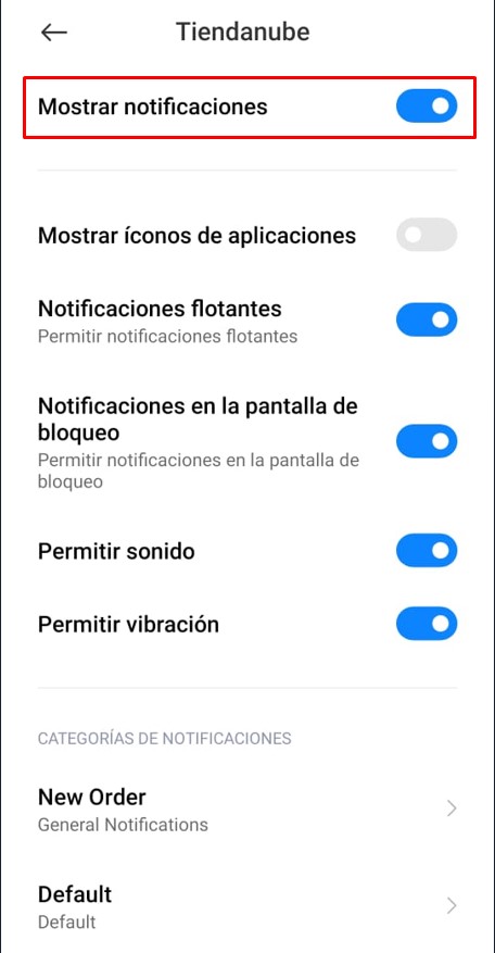 Sección de Tiendanube en la Configuración de las Notificaciones, con la opción de Mostrar notificaciones resaltada