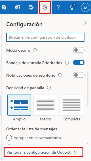 Opción de Configuración en la página de inicio de Outlook, con el botón Ver toda la configuración de Outlook resaltado
