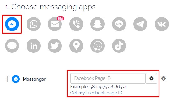Opción de Facebook Messenger y campo para agregar el ID de la página de Facebook resaltados