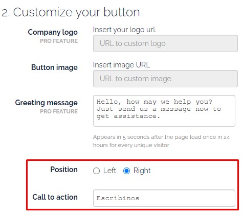 opciones de configuración del botón, con la posición y Call to action resaltados