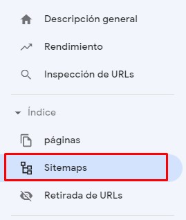 Menú lateral de Search Console con la opción de Sitemaps resaltada