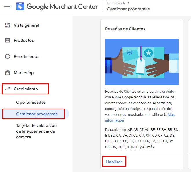 Google Merchant Center en la sección Crecimiento - Gestionar programas, con la opción Habilitar resaltada para las Reseñas de clientes