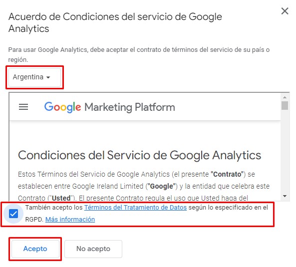 Ventana emergente para leer y aceptar las Condiciones del servicio de Google Analytics