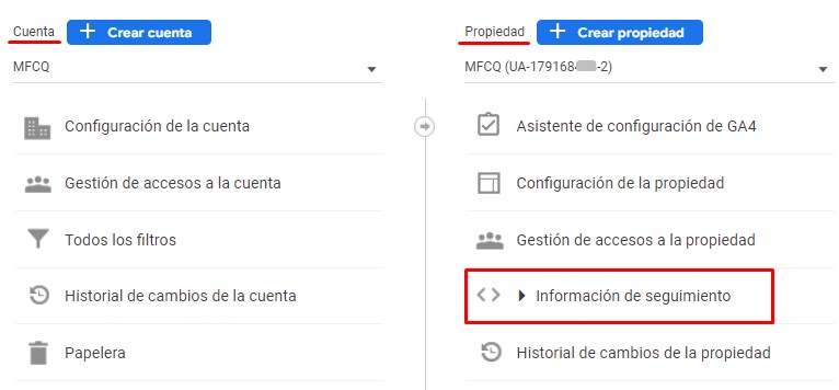 Sección de Administrar dentro de Google Analytics, con la opción de Información de seguimiento resaltada