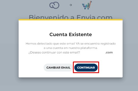 Aviso de cuenta existente en envia.com con botón Continuar resaltado