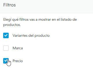 Casilla de Mostrar filtros en el listado de productos marcada, dentro de la sección Filtros