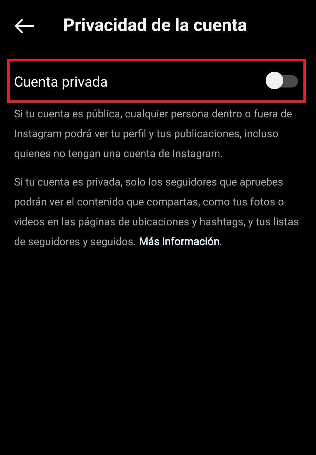 Sección de Configuración - Privacidad dentro de Instagram desde el celular, con la opción para desmarcar la cuenta como privada resaltada