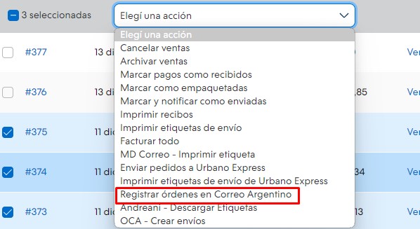 GIF mostrando cómo se selecciona una orden y se le aplica la acción para registrarla en Correo Argentino