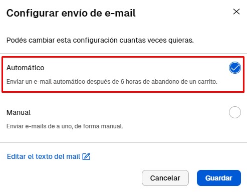 Pantalla de "configurar notificaciones" con la opción "enviar emails automáticamente 6 horas después de generar la compra" seleccionada. Botón "guardar cambios".