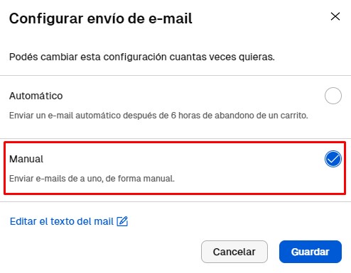 Ventana emergente de "Configurar notificaciones" con opción "No enviar emails automáticamente" seleccionada y el botón "Guardar cambios"