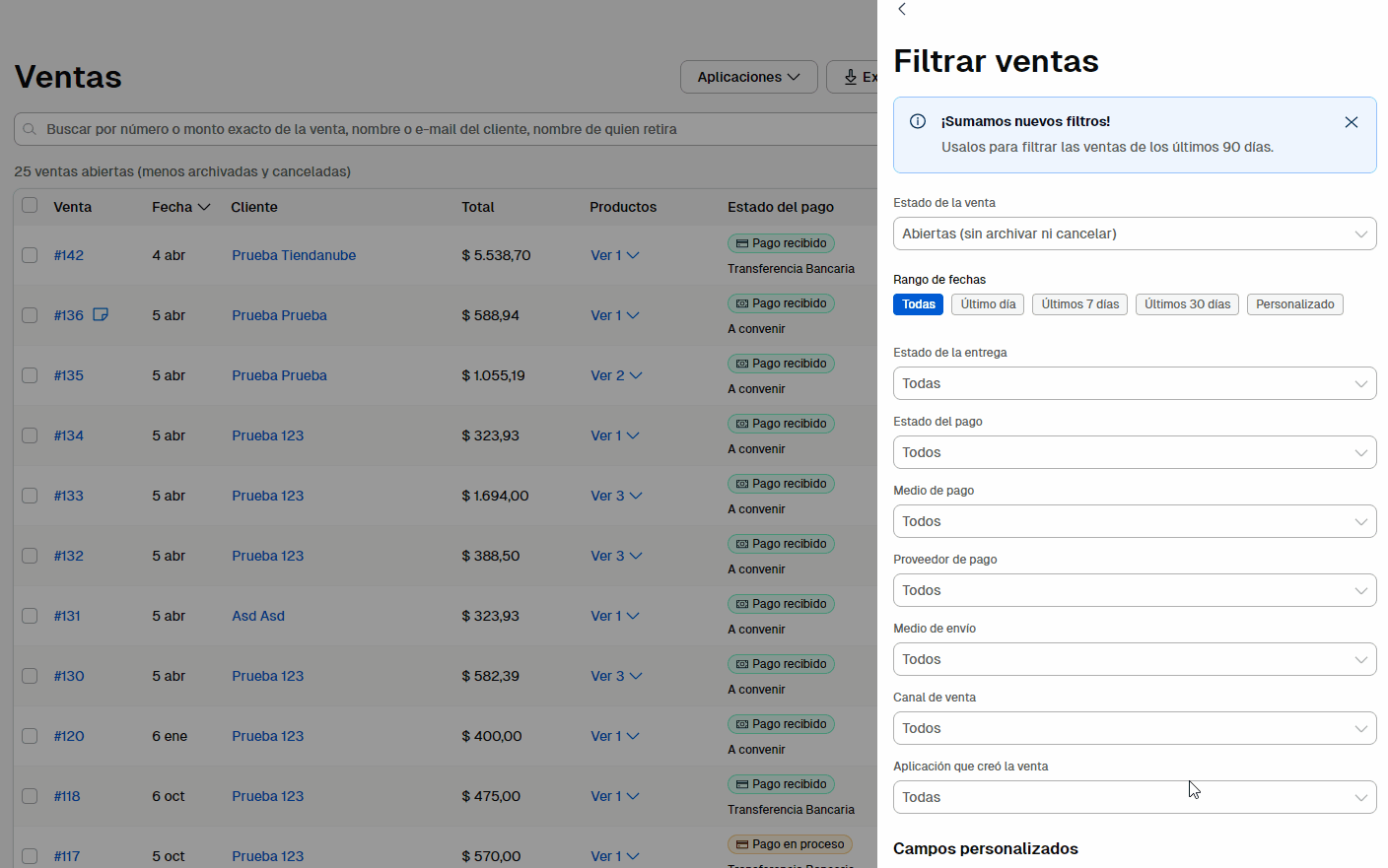 GIF mostrando dos filtros (por estado de la orden y medio de envío) siendo aplicados en la lista de ventas. Luego, se muestra el botón "Filtrar", el botón "Exportar resultados" y cómo se eliminan los filtros