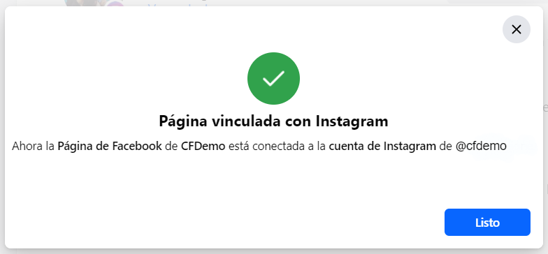 Ventana emergente mostrando la cuenta de Instagram a conectar
