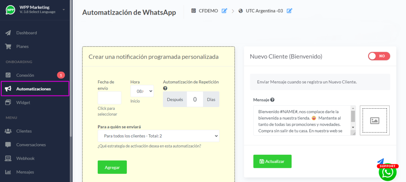 Sección Conexión del panel de WPP Marketing, con la información para conectar la cuenta de WhatsApp Business