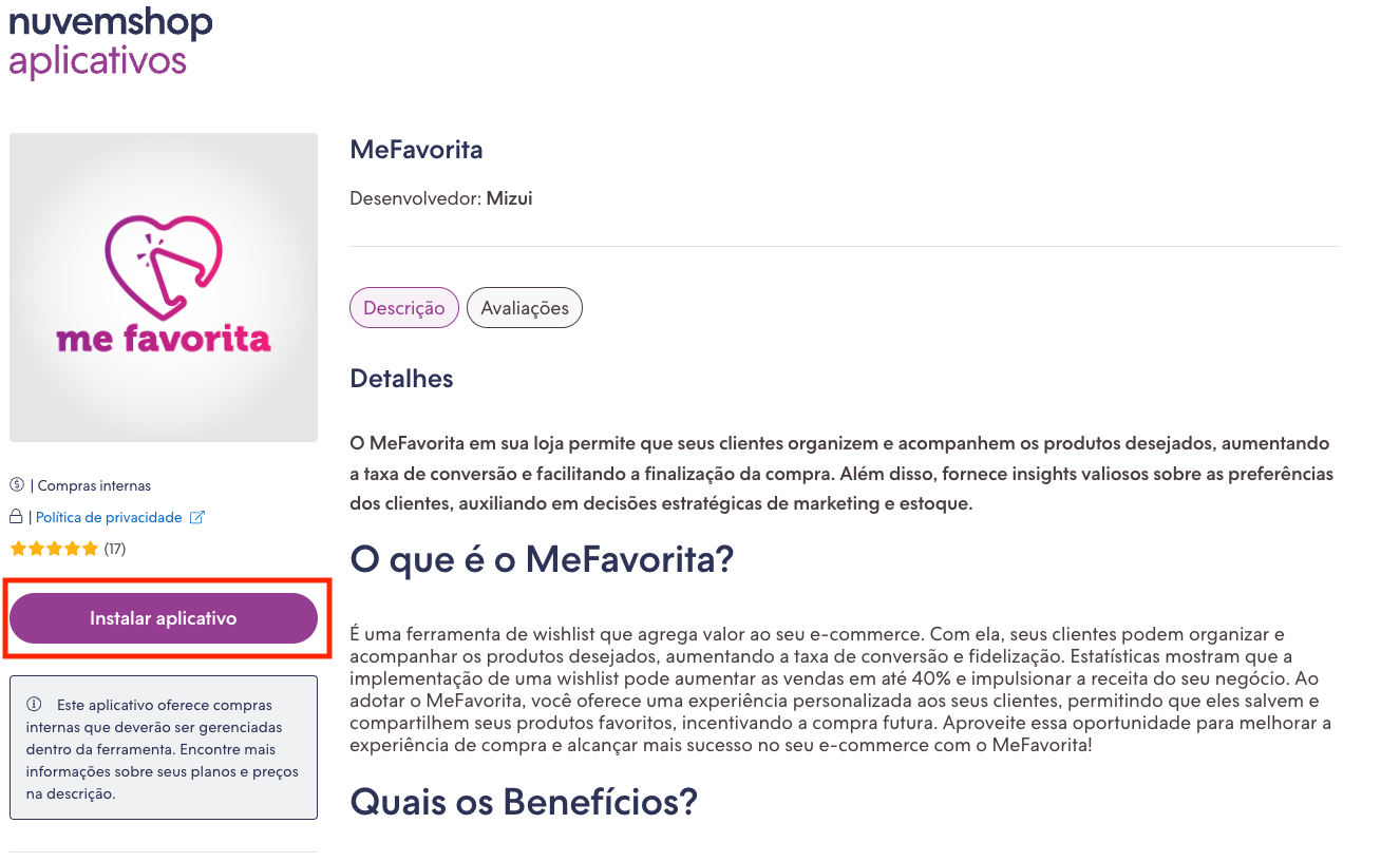 página do aplicativo na loja de aplicativos mostrando o app MeFavorita e o botão de instalação