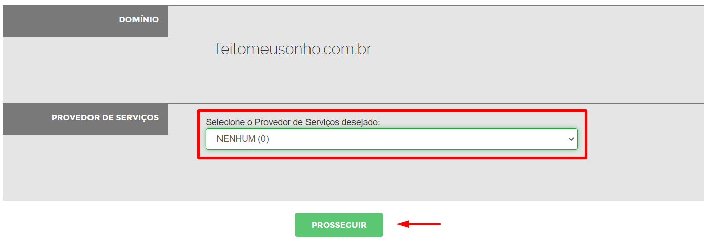 Painel para selecionar o provedor de serviços desejado no registro.br