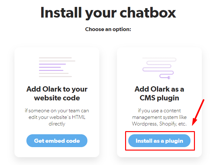 Opción Install as plugin para Olark resaltada