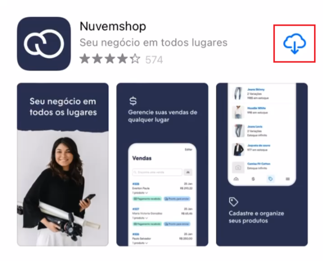 Página de instalação do aplicativo Nuvemshop na AppStore para iOS, com o ícone de download em destaque