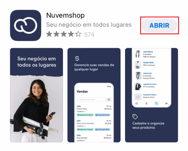 Página de instalação do aplicativo Nuvemshop na AppStore para iOS, com o botão "Abrir" em destaque