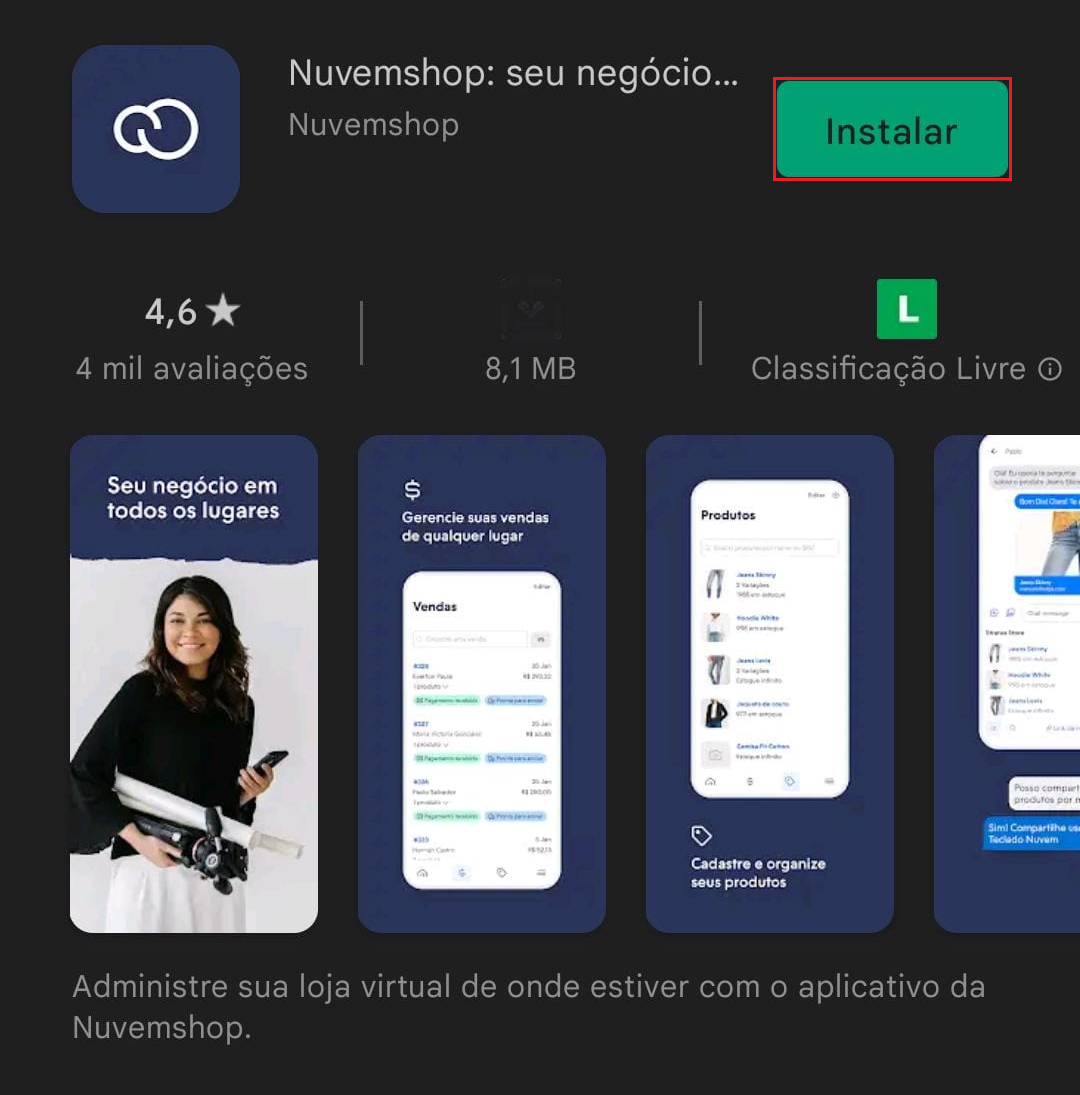 Página de instalação do aplicativo Nuvemshop na PlayStore para Android, com o botão "Instalar" em destaque