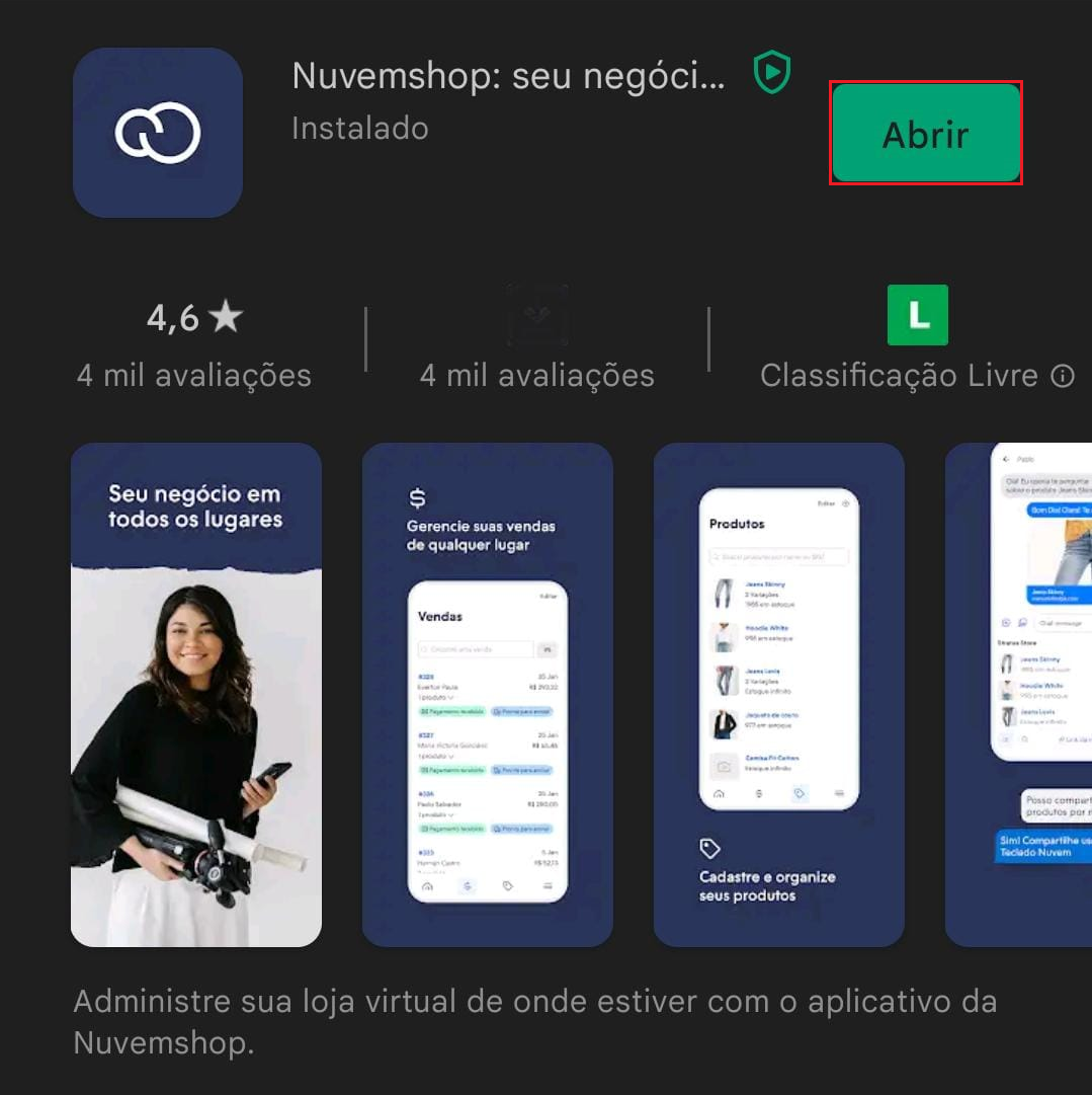 Página de instalação do aplicativo Nuvemshop na PlayStore para Android, com o botão "Abrir" em destaque