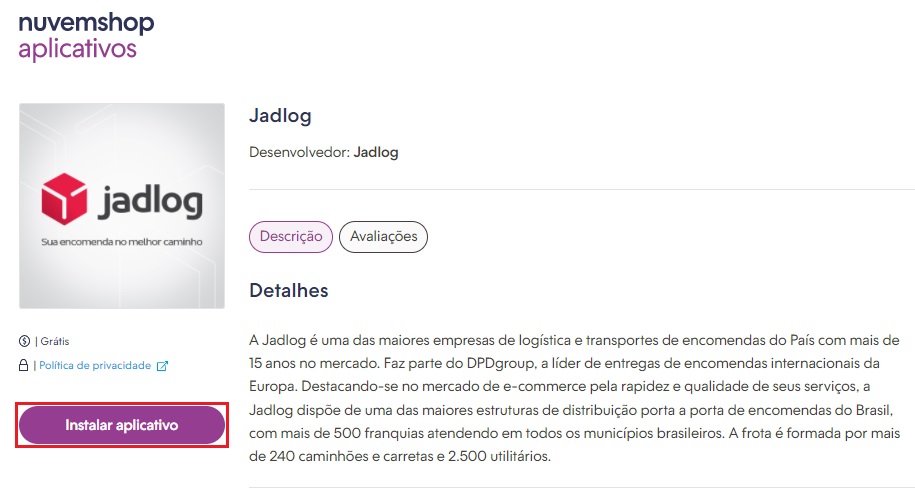 Página de instalação do aplicativo Jadlog, na Loja de Aplicativos Nuvemshop.