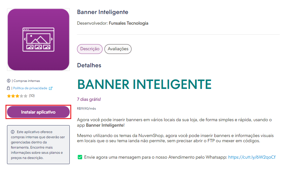 Página de instalação do aplicativo Banner Inteligente na loja de aplicativos Nuvemshop.