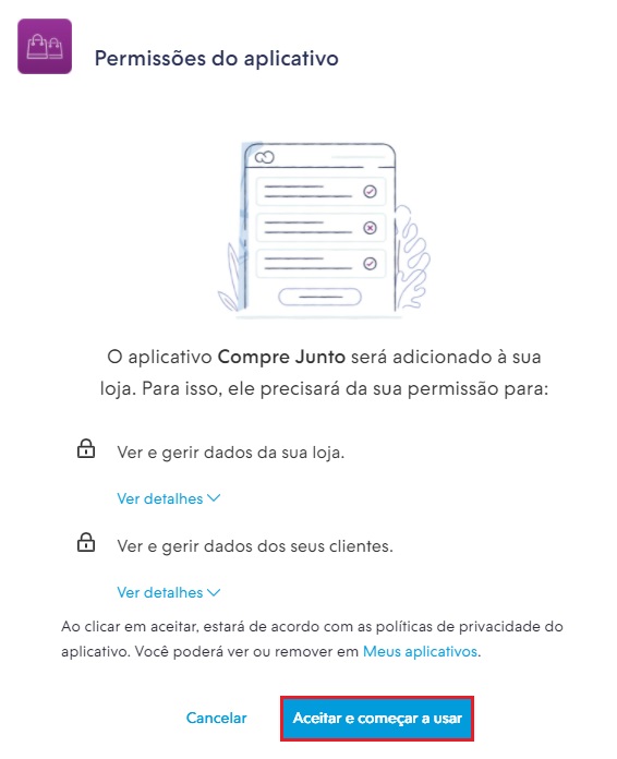 Tela para ler as permissões do aplicativo Compre Junto.