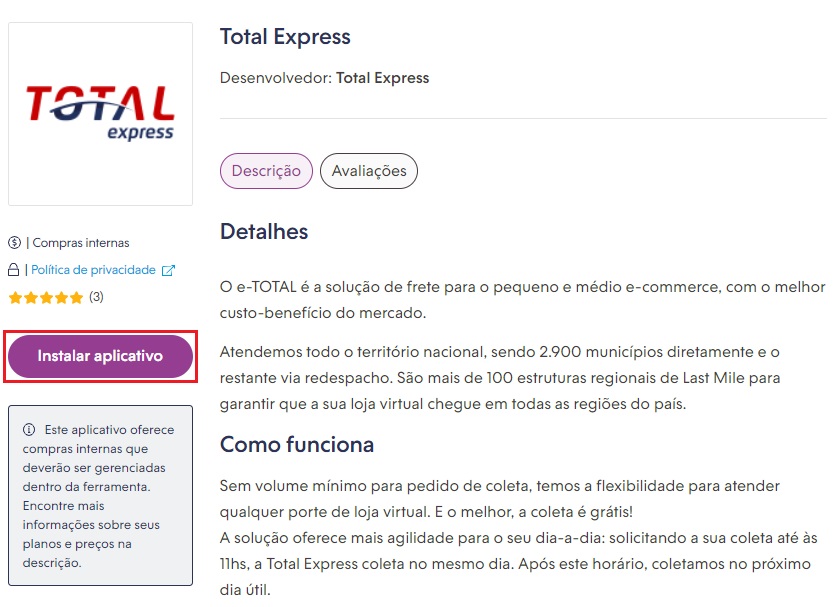 Página de instalação da Total Express