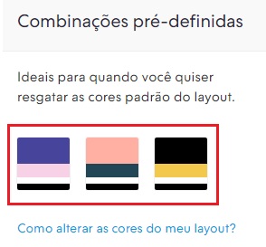 Seção "Combinações pré-definidas" com três opções de grupos de cores