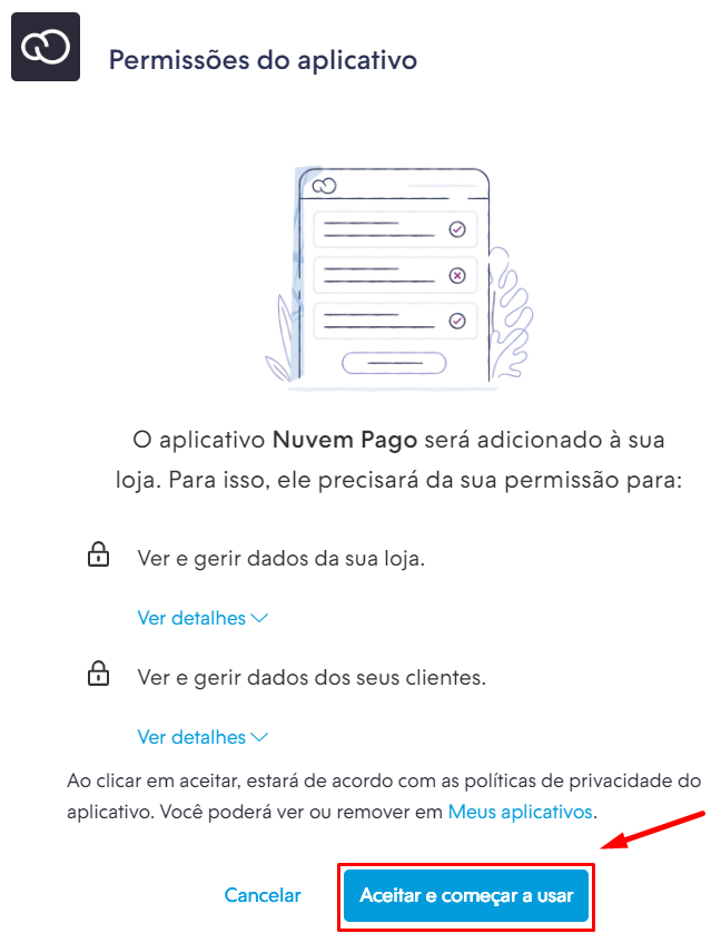 pop-up de permissões do aplicativo Nuvem pago