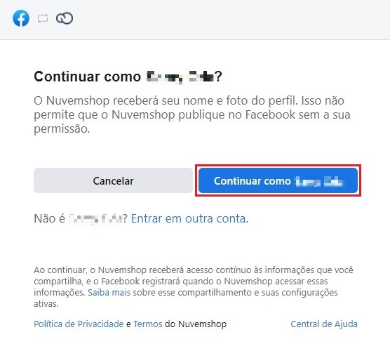 Janela pop-up para conectar a conta do Facebook, com o botão "Continuar como..." destacado