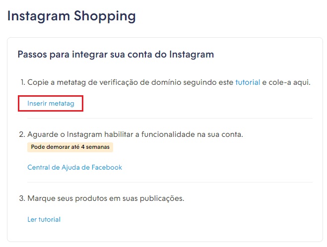 Página da versão 3 do Instagram Shopping no painel Nuvemshop, com o botão "Inserir metatag" destacado