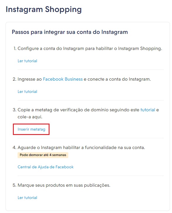 Página da versão 2 do Instagram Shopping no painel Nuvemshop, com o botão "Inserir metatag" destacado