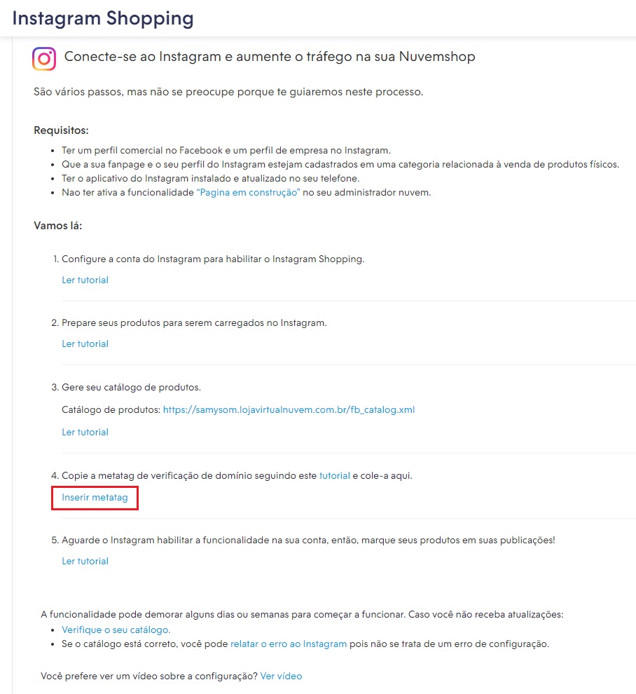 Página da versão 1 do Instagram Shopping no painel Nuvemshop, com o botão "Inserir metatag" destacado