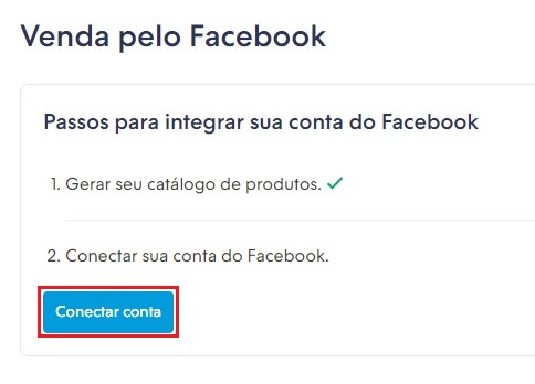 Tela para conectar a conta do Facebook no painel Nuvemshop, com o botão "Conectar conta" destacado