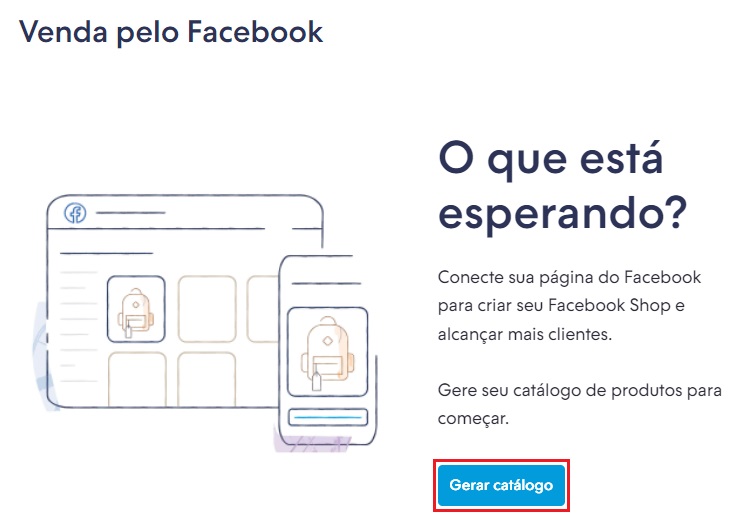 Seção "Facebook shop" do painel Nuvemshop, com o botão "Gerar catálogo" destacado