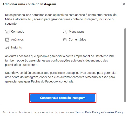 Informações das permissões de uso da conta empresarial, com o botão "Conectar uma conta do Instagram" em destaque