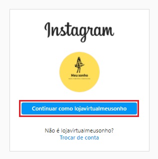 Janela para acessar a conta do Instagram, com o botão "Continuar como ..." em destaque