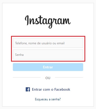 Janela para acessar a conta do Instagram, com os campos de login em destaque