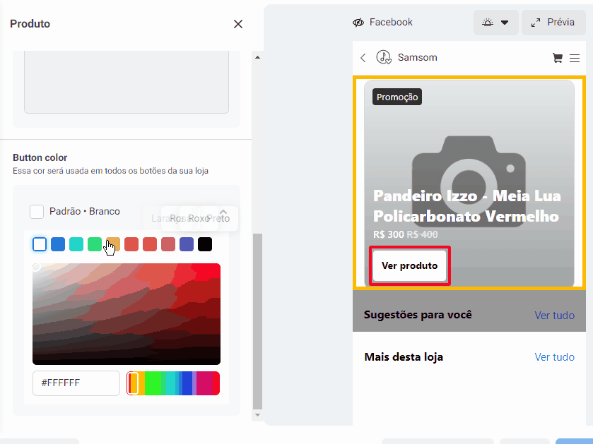GIF de exemplo para alterar a cor do botão do elemento por uma opção pré-determinada