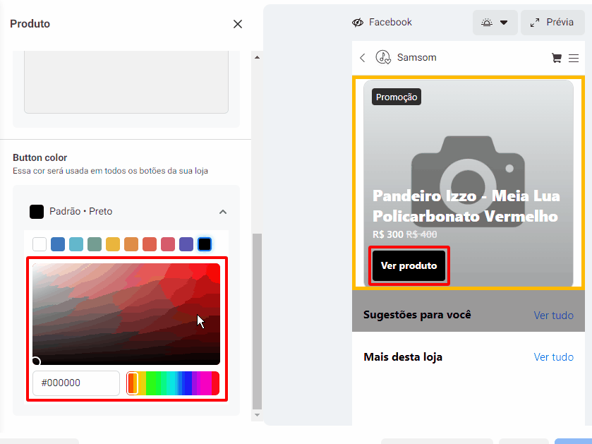 GIF de exemplo para alterar a cor do botão do elemento por uma opção personalizada