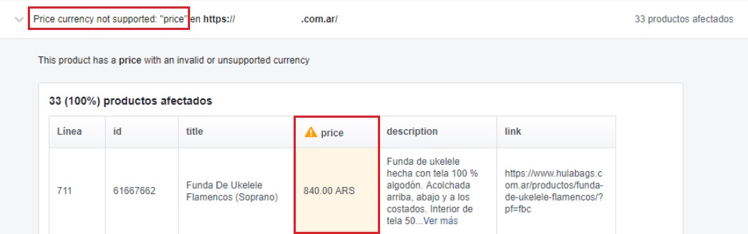 Advertência do Facebook de Moeda não suportada, com o campo e a frase "Price currency not supported" em destaque