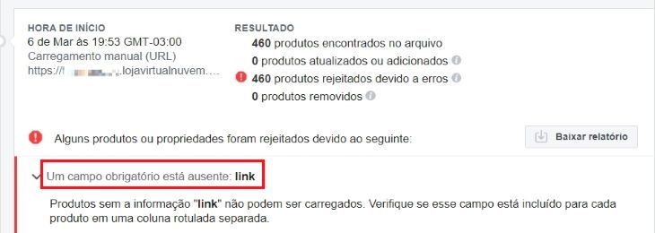 Erro do Facebook "Campo obrigatório ausente: link", com a palavra "link" em destaque