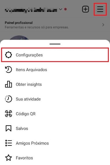 Visualização do menu do Instagram, com o ícone e a opção "Configurações" em destaque
