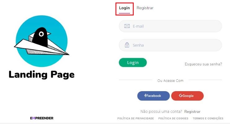 Página para fazer login ou criar cadastro, com a opção "Login" em destaque