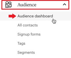 Menu do Mailchimp, com a opção "Audiente" em destaque e uma seta indicativa para "Audience dashboard"
