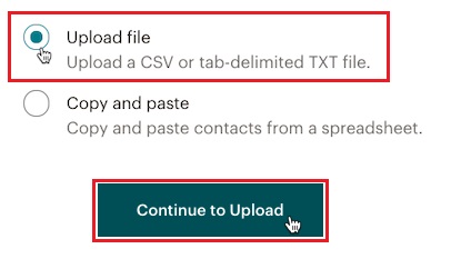 Tela para fazer upload da planilha de contatos, com a opção "Upload file" e o botão "Continue to upload" em destaque