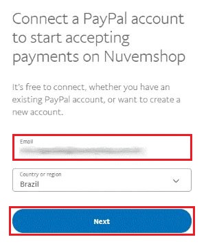 Janela para fazer cadastro no PayPal, com o campo de e-mail e o botão "Next" em destaque