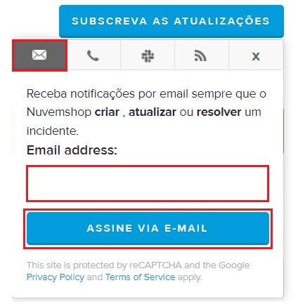 Campo para se inscrever por e-mail para receber as atualizações, com o botão "Assine via e-mail" em destaque