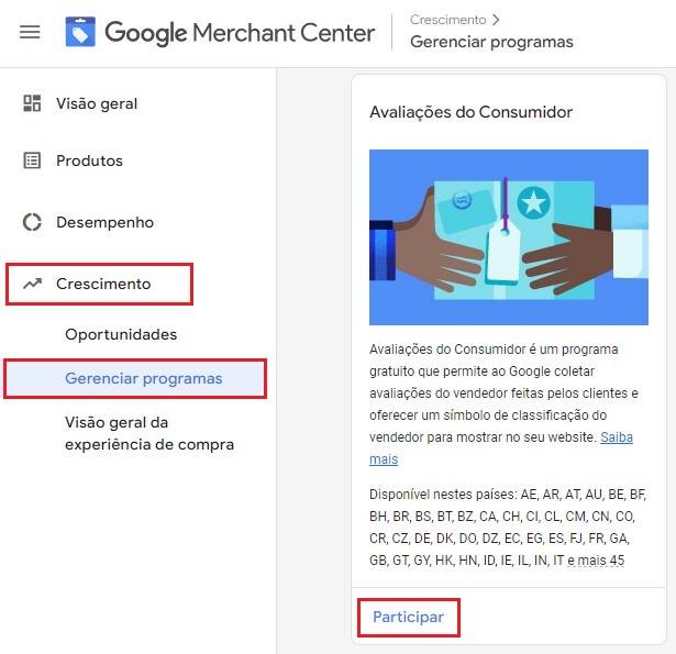 Menu do Google Merchant Center, com o caminho "Crescimento - Gerenciar programas" e o botão "Participar" em destaque